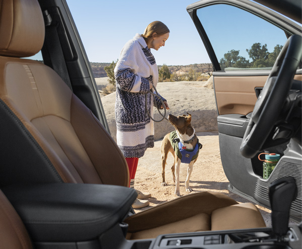 Inteior of 2026 Outback with woman and dog on the outside view